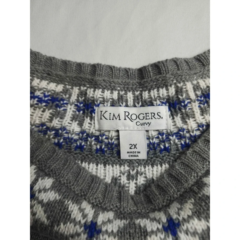 Kim Rogers Curvy Gray Fair Isle Snowflake Cotton Sweater 2X Womens Long Sleeve